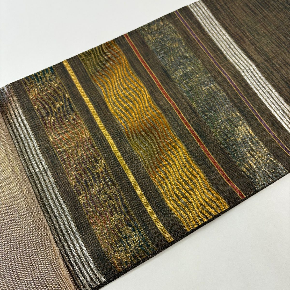 【美品】 袋帶 名品級 蝴蝶 青海波 金絲 金金箔 茶 純蠶絲