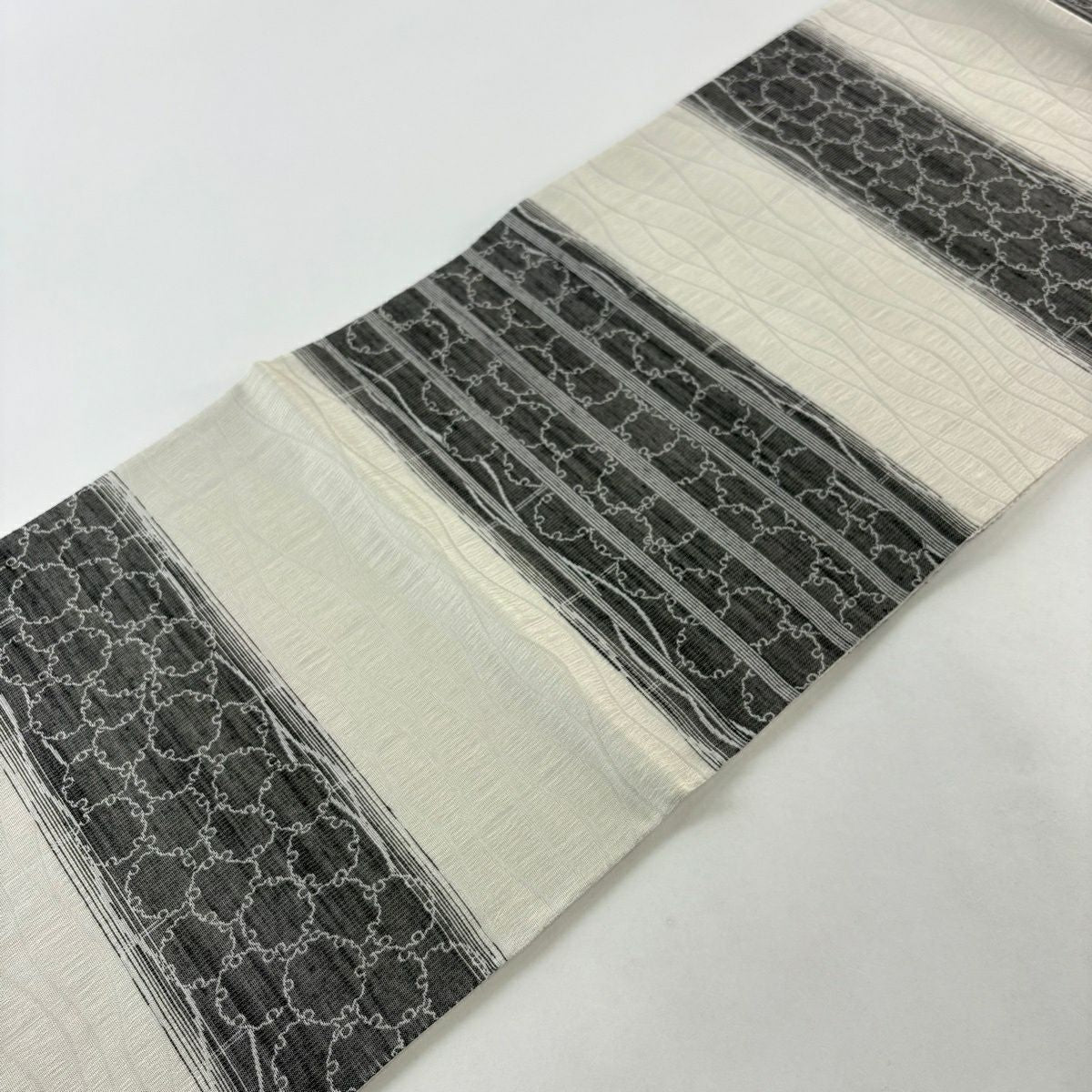 【美品】 袋帶 名品級 段紋 雪輪 灰白 全通 純蠶絲