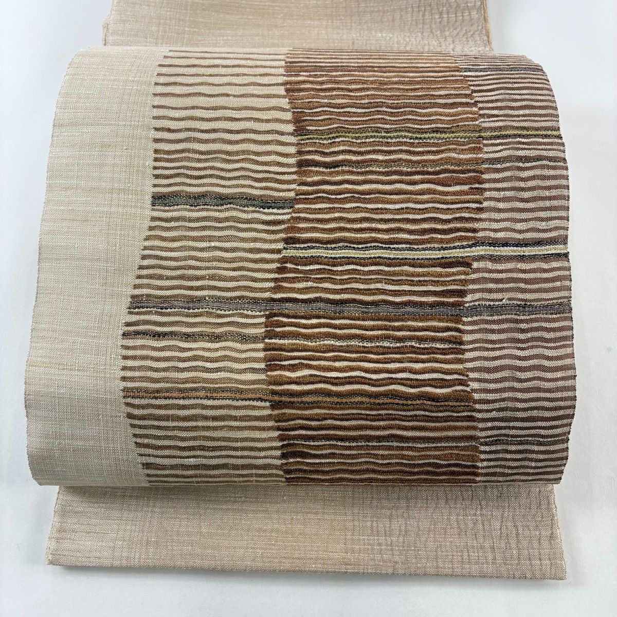 【美品】 袋帶 名品級 柿渋染 縞 幾何學 金絲 金金箔 淺茶 細帶圖案 純蠶絲