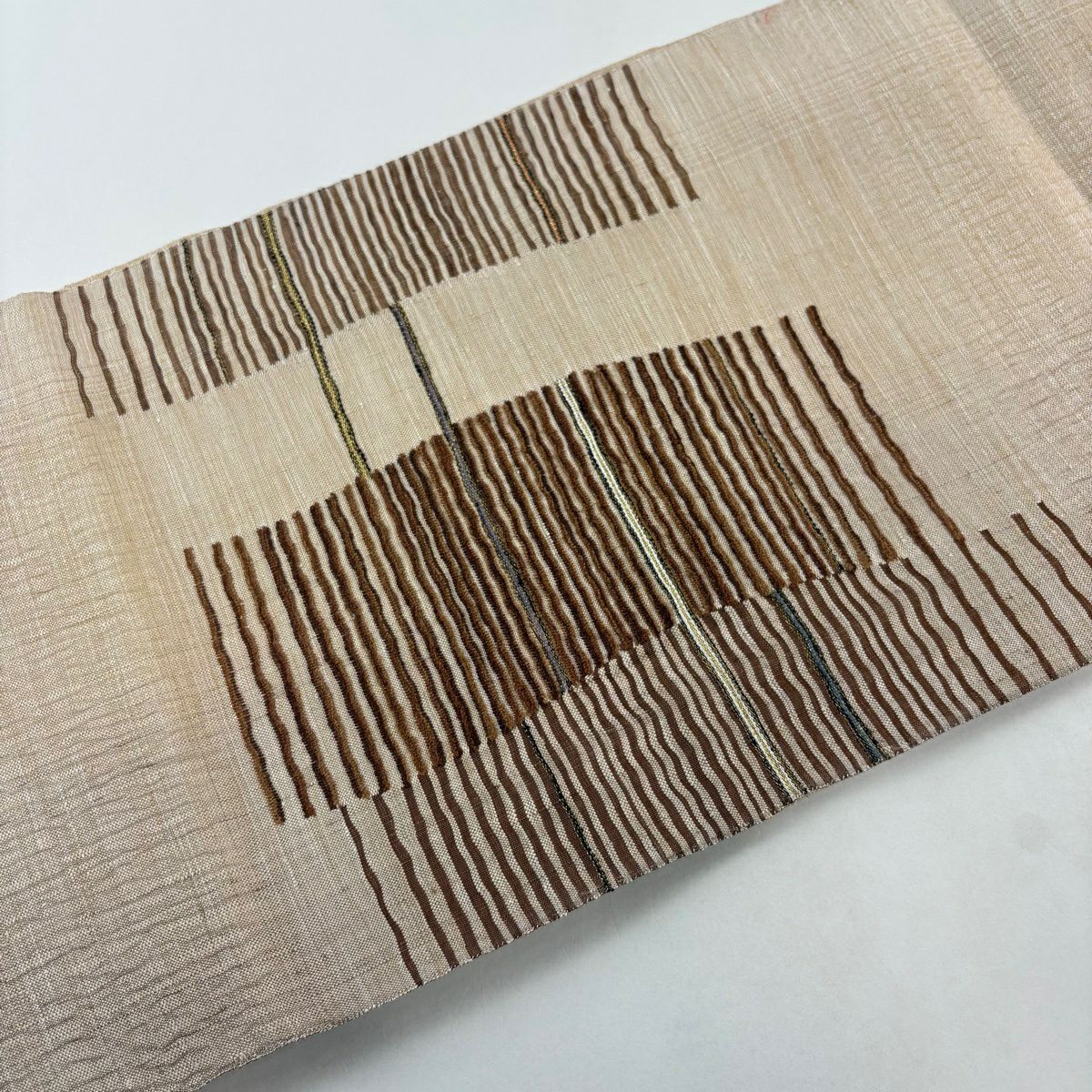 【美品】 袋帶 名品級 柿渋染 縞 幾何學 金絲 金金箔 淺茶 細帶圖案 純蠶絲