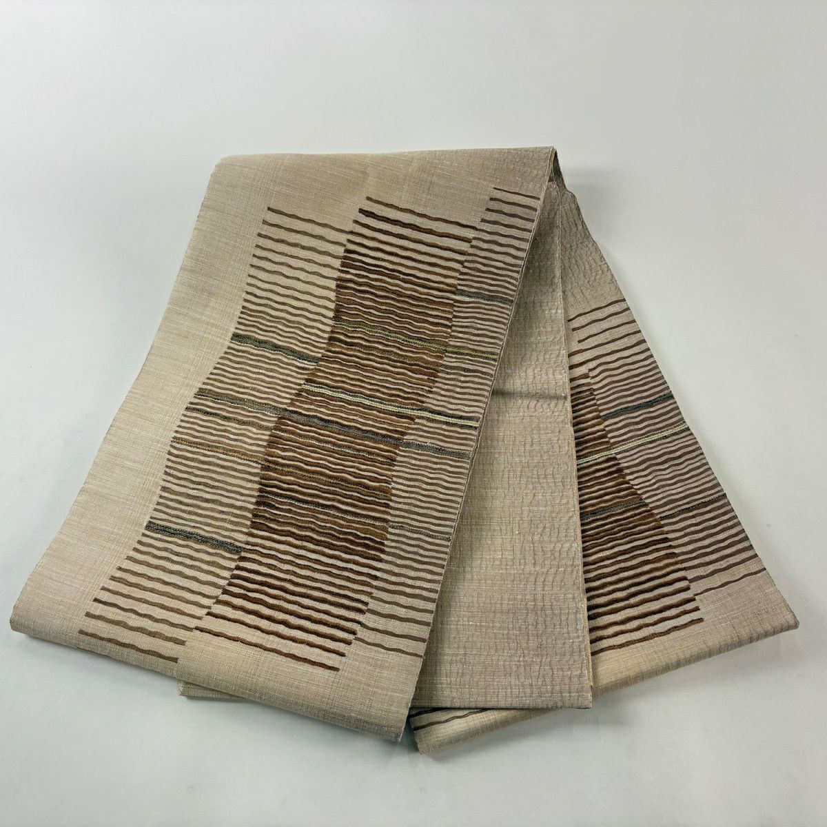 【美品】 袋帶 名品級 柿渋染 縞 幾何學 金絲 金金箔 淺茶 細帶圖案 純蠶絲