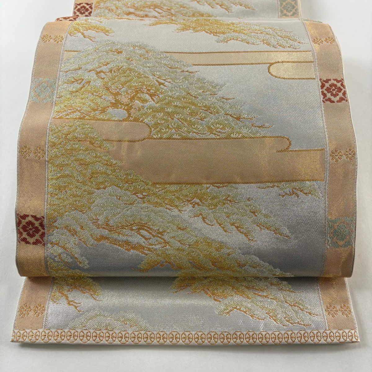 【美品】 袋帶 名品級 北出與三郎 落款あり 關西仕立 小御所松樹陰文 金銀彩 金金箔 銀色 六通 純蠶絲