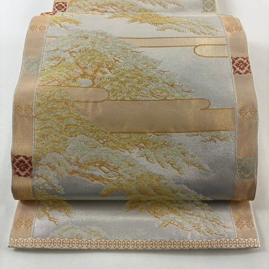 【美品】 袋帶 名品級 北出與三郎 落款あり 關西仕立 小御所松樹陰文 金銀彩 金金箔 銀色 六通 純蠶絲