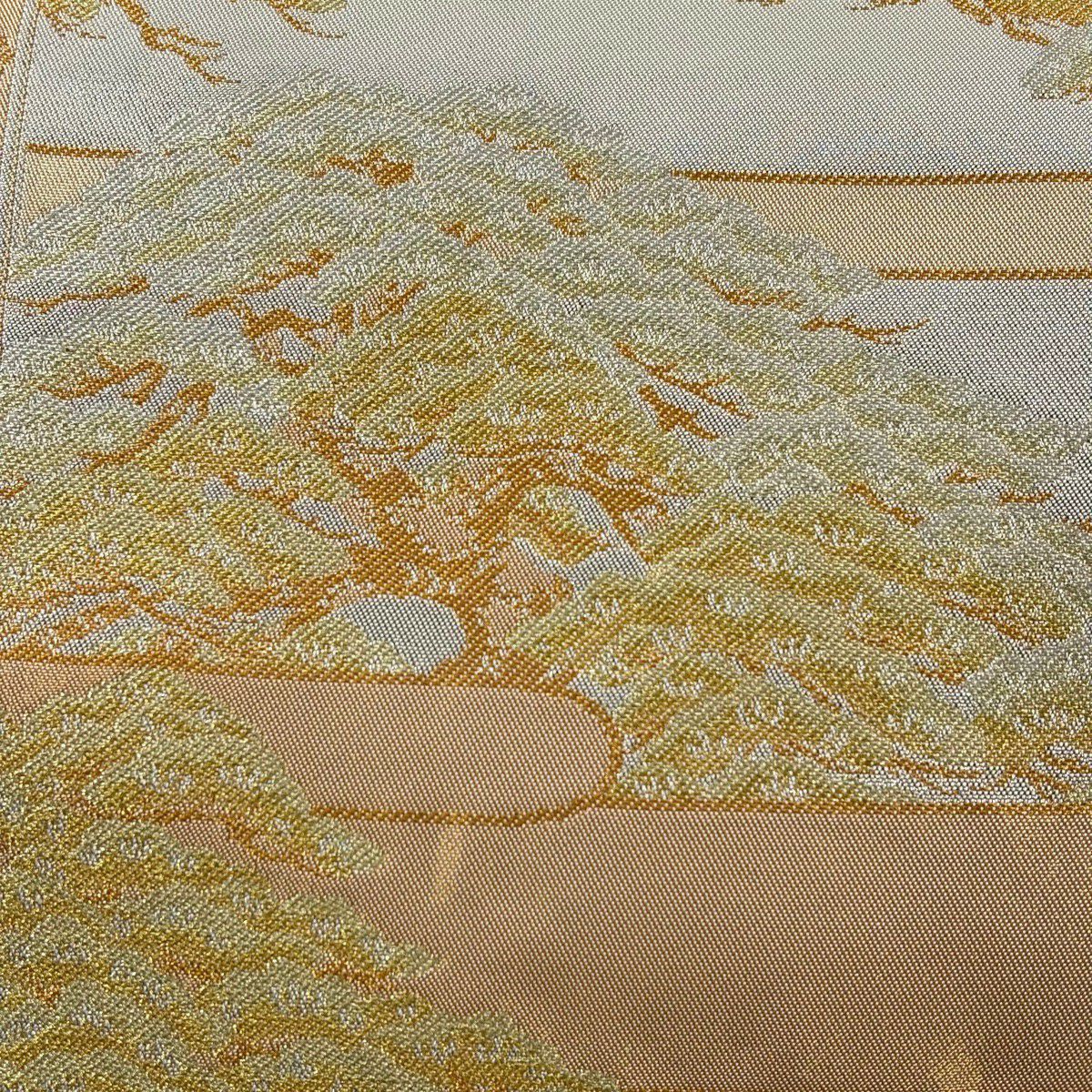 【美品】 袋帶 名品級 北出與三郎 落款あり 關西仕立 小御所松樹陰文 金銀彩 金金箔 銀色 六通 純蠶絲