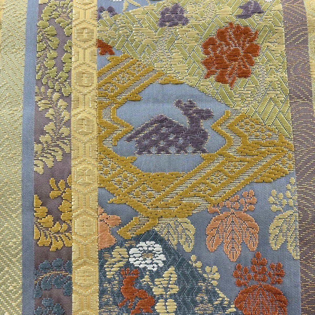 袋帶 名品級 有栖川 草花紋 金金箔 淺綠 六通 純蠶絲