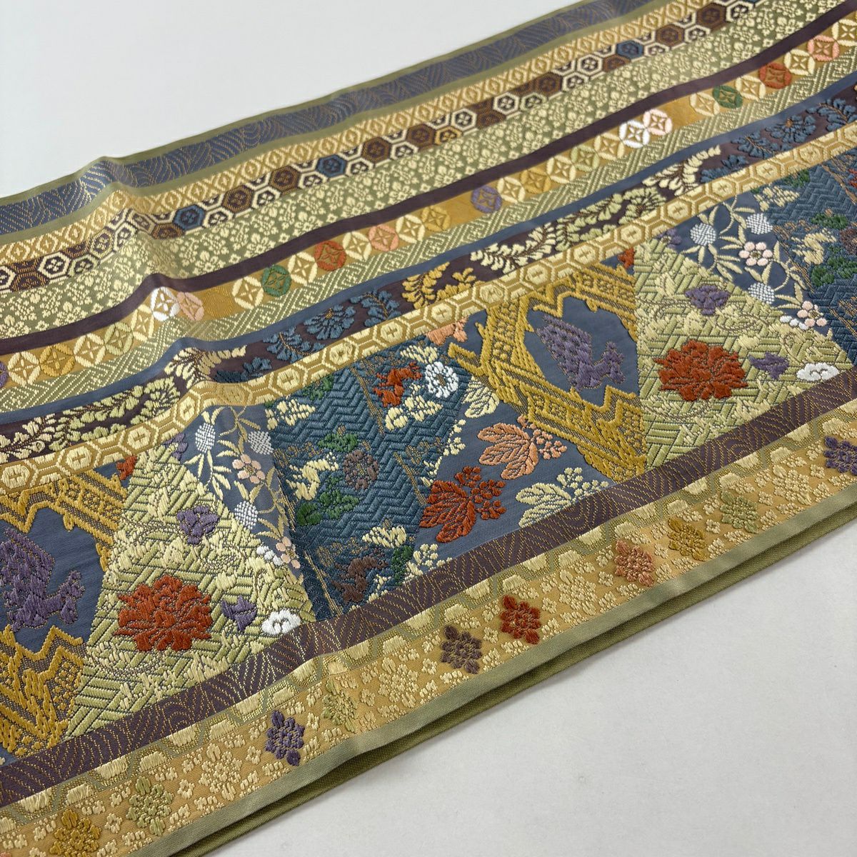 袋帶 名品級 有栖川 草花紋 金金箔 淺綠 六通 純蠶絲