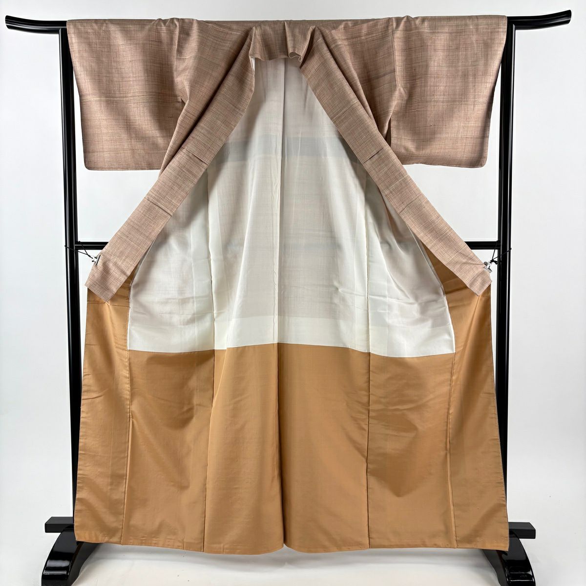 【美品】 紬織 身長164.5cm 袖長64.5cm M 雙層 橫條紋 薄茶 純蠶絲 名品級