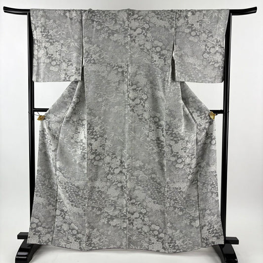 【美品】 小紋 身長163.5cm 袖長65.5cm M 雙層 紋意匠 草花紋紋 笠松樹 灰色 純蠶絲 名品級