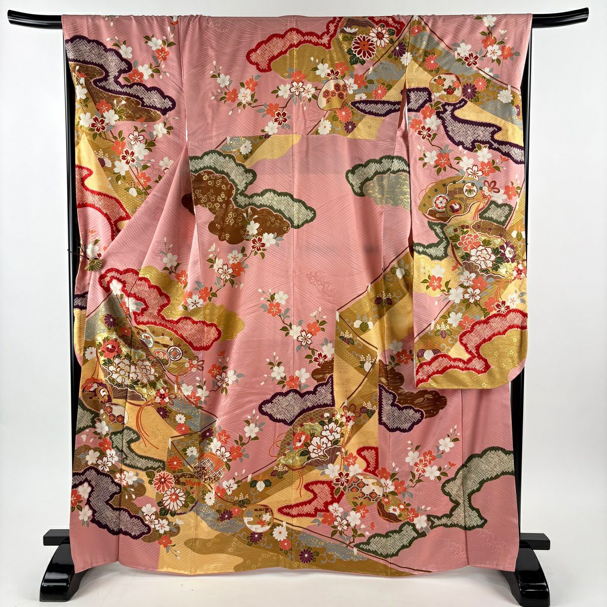 振袖禮服 身長165cm 袖長68.5cm L 雙層 幔幕 桧扇子 金絲 金銀彩 粉紅 純蠶絲 名品級