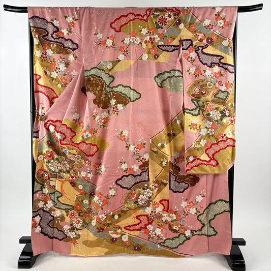 振袖禮服 身長165cm 袖長68.5cm L 雙層 幔幕 桧扇子 金絲 金銀彩 粉紅 純蠶絲 名品級