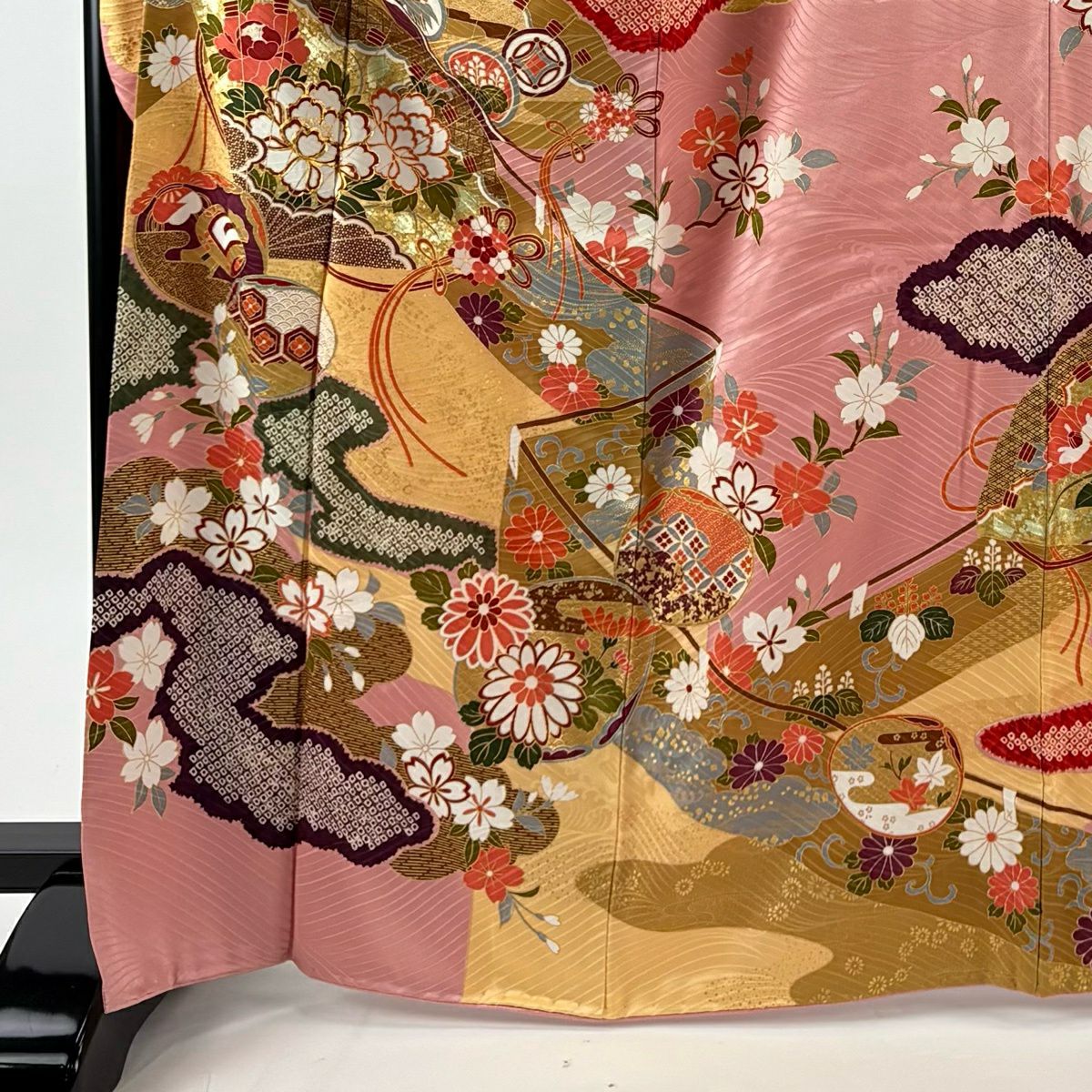 振袖禮服 身長165cm 袖長68.5cm L 雙層 幔幕 桧扇子 金絲 金銀彩 粉紅 純蠶絲 名品級