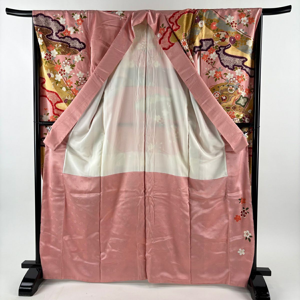 振袖禮服 身長165cm 袖長68.5cm L 雙層 幔幕 桧扇子 金絲 金銀彩 粉紅 純蠶絲 名品級