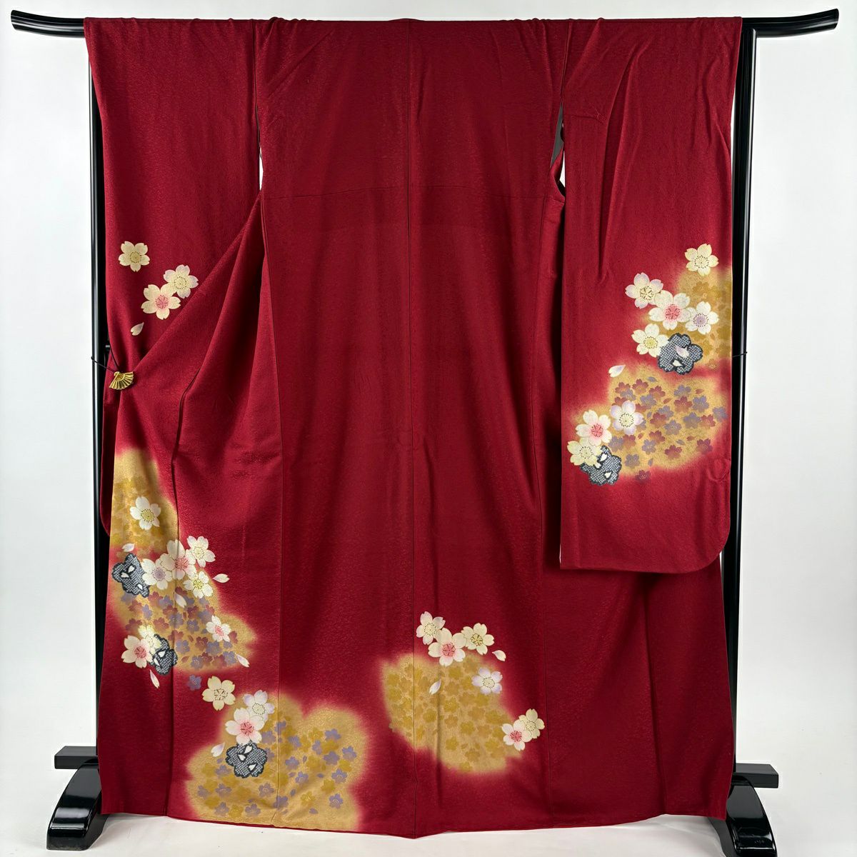 振袖禮服 身長168cm 袖長67cm M 雙層 櫻花 金金箔 染分 紅 純蠶絲 名品級