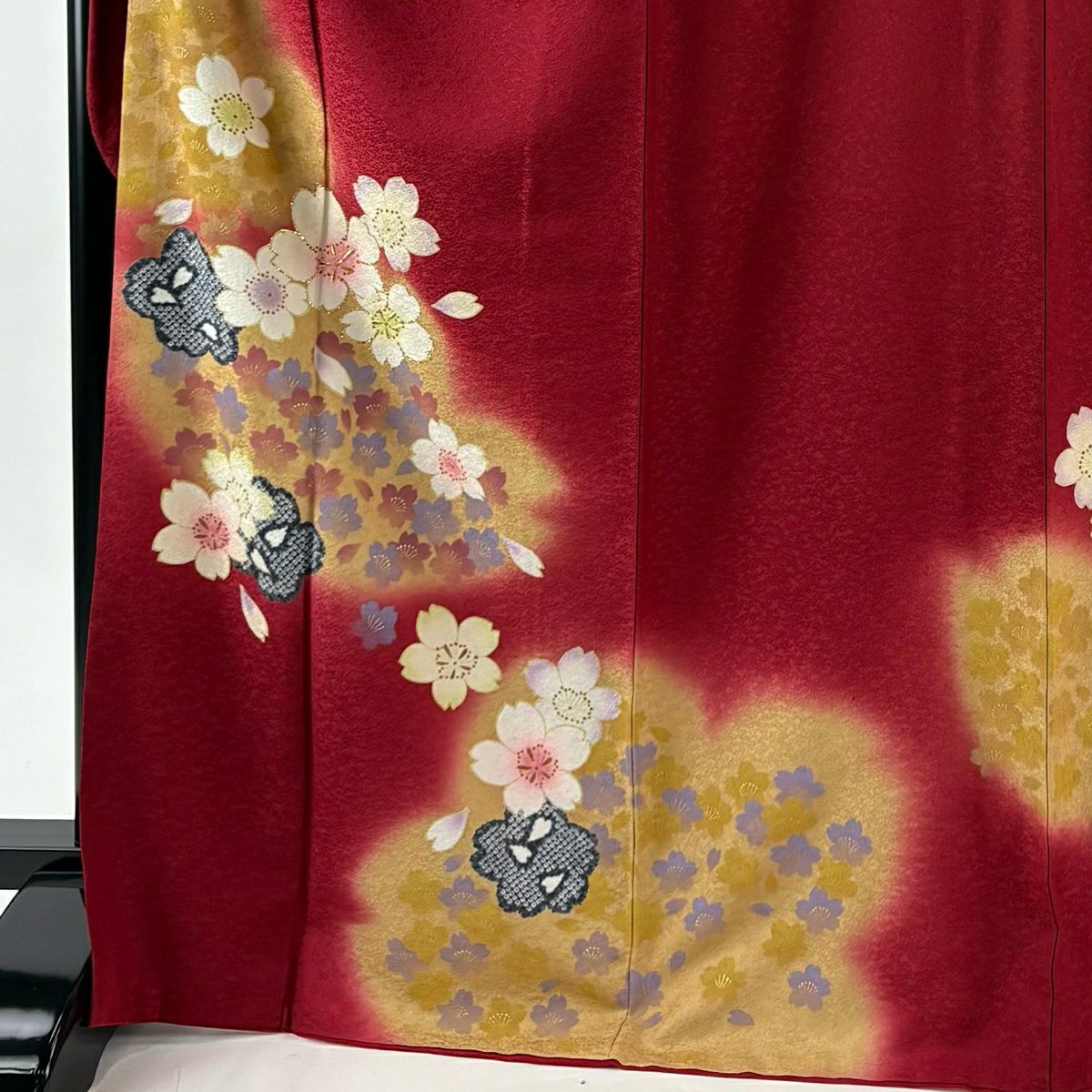 振袖禮服 身長168cm 袖長67cm M 雙層 櫻花 金金箔 染分 紅 純蠶絲 名品級
