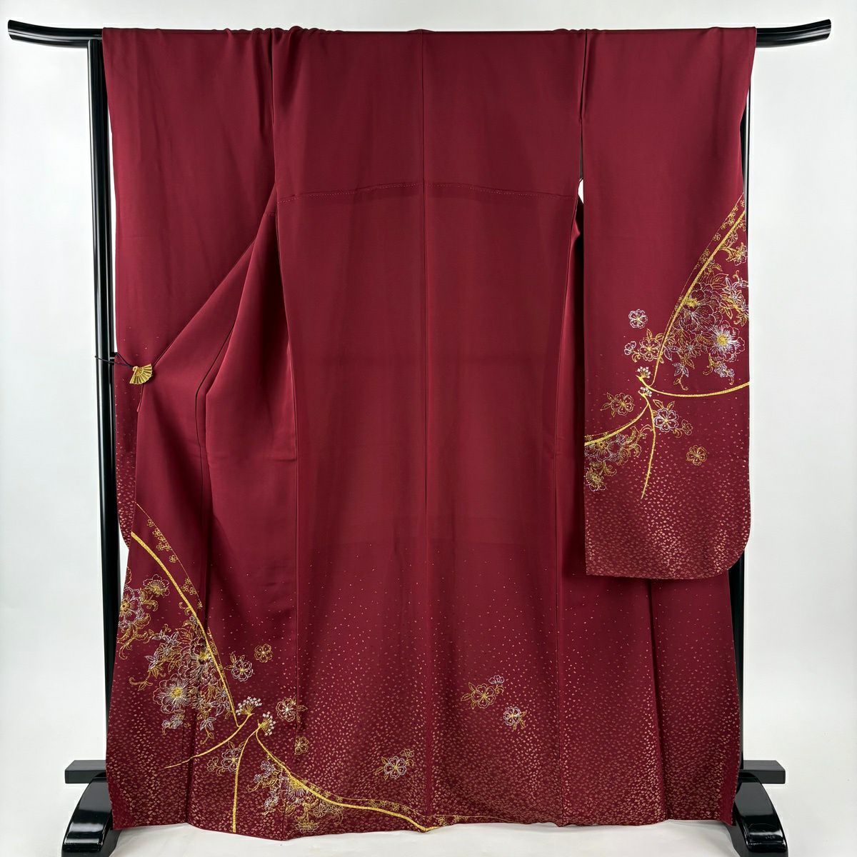 【美品】振袖禮服 身長168cm 袖長67.5cm L 雙層 草花紋紋 鳥 金金箔 金銀彩 深紅 純蠶絲 名品級