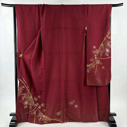 【美品】振袖禮服 身長168cm 袖長67.5cm L 雙層 草花紋紋 鳥 金金箔 金銀彩 深紅 純蠶絲 名品級