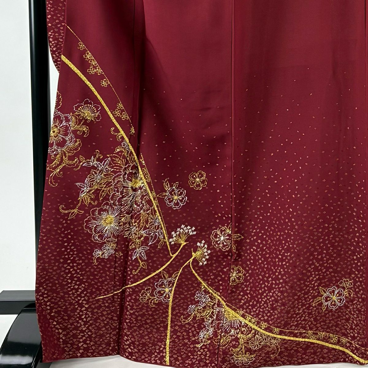 【美品】振袖禮服 身長168cm 袖長67.5cm L 雙層 草花紋紋 鳥 金金箔 金銀彩 深紅 純蠶絲 名品級