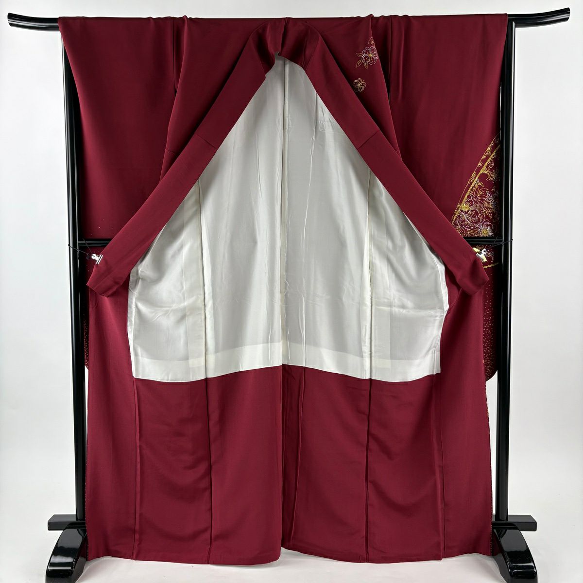 【美品】振袖禮服 身長168cm 袖長67.5cm L 雙層 草花紋紋 鳥 金金箔 金銀彩 深紅 純蠶絲 名品級