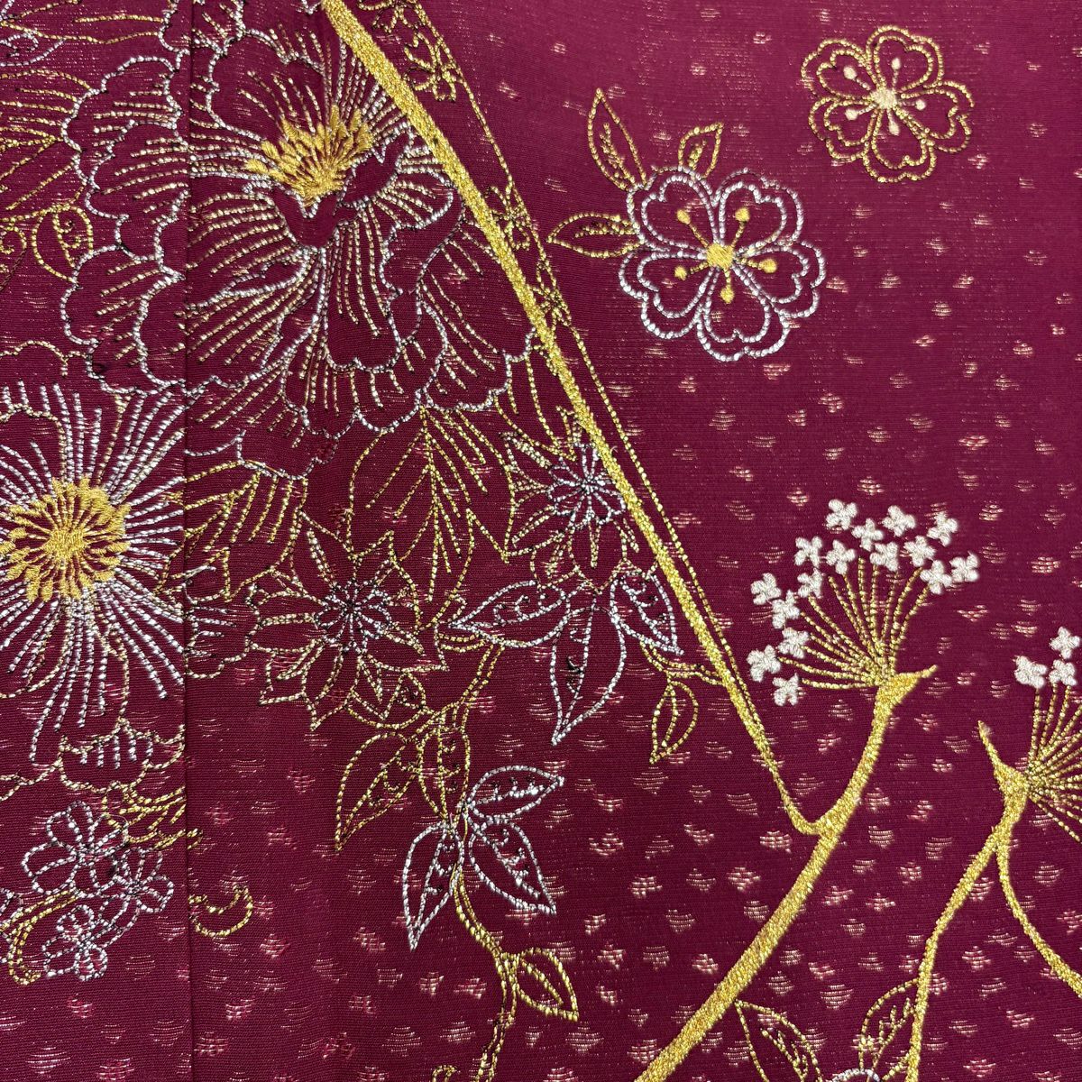 【美品】振袖禮服 身長168cm 袖長67.5cm L 雙層 草花紋紋 鳥 金金箔 金銀彩 深紅 純蠶絲 名品級
