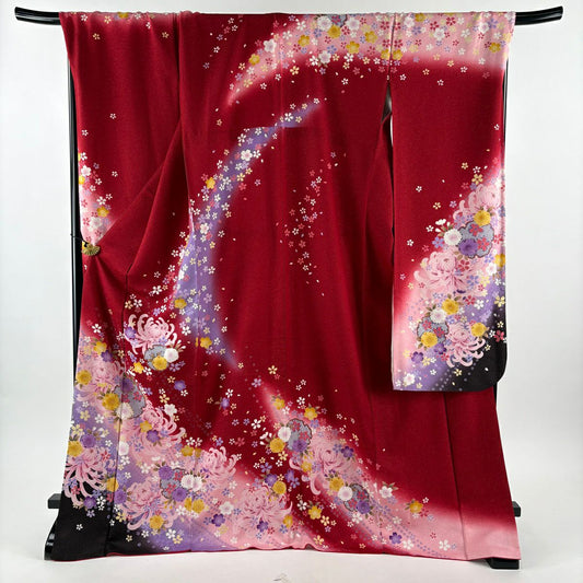 【美品】振袖禮服 身長173cm 袖長71cm L 雙層 雪輪 菊花 金通し 金銀彩 紅 純蠶絲 名品級