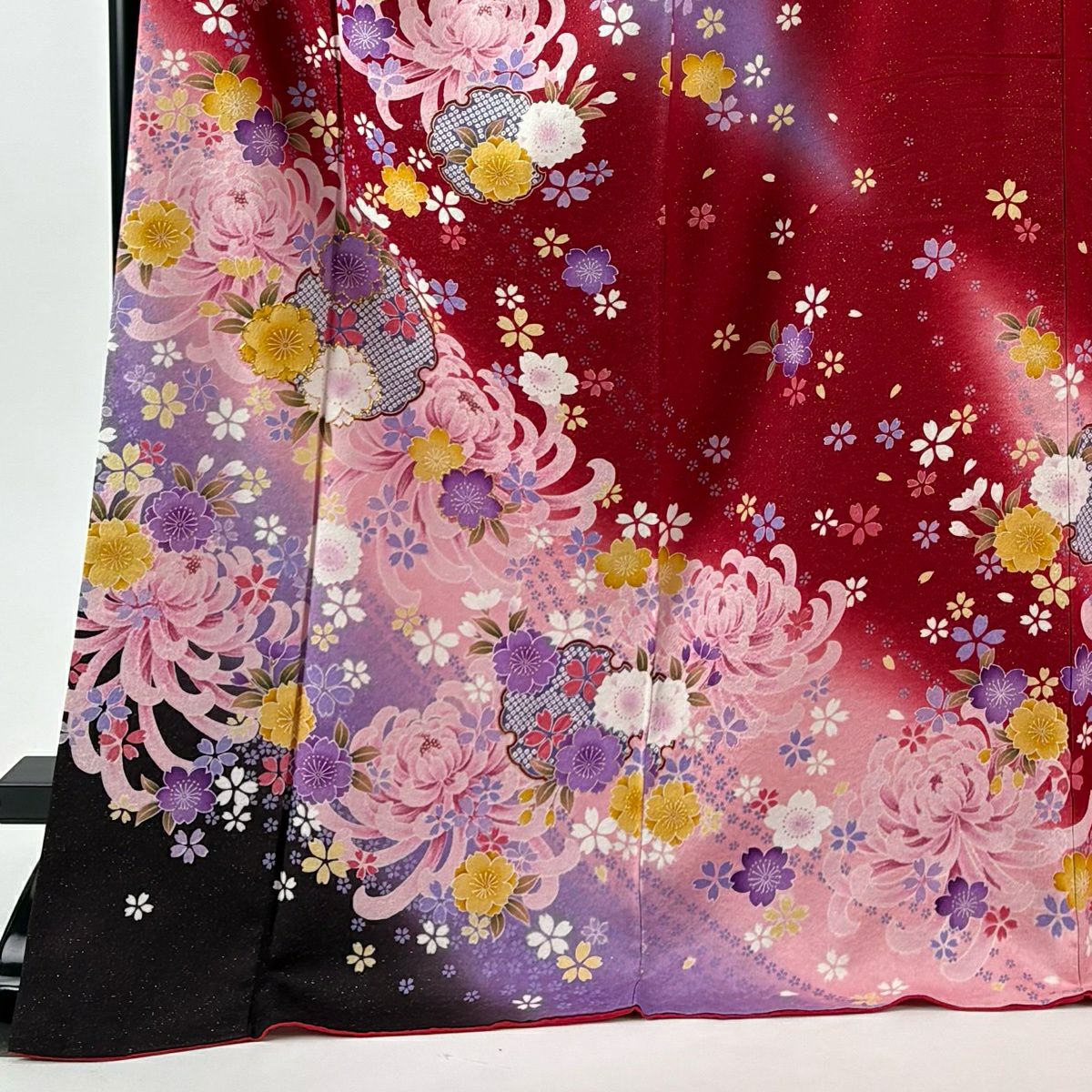 【美品】振袖禮服 身長173cm 袖長71cm L 雙層 雪輪 菊花 金通し 金銀彩 紅 純蠶絲 名品級