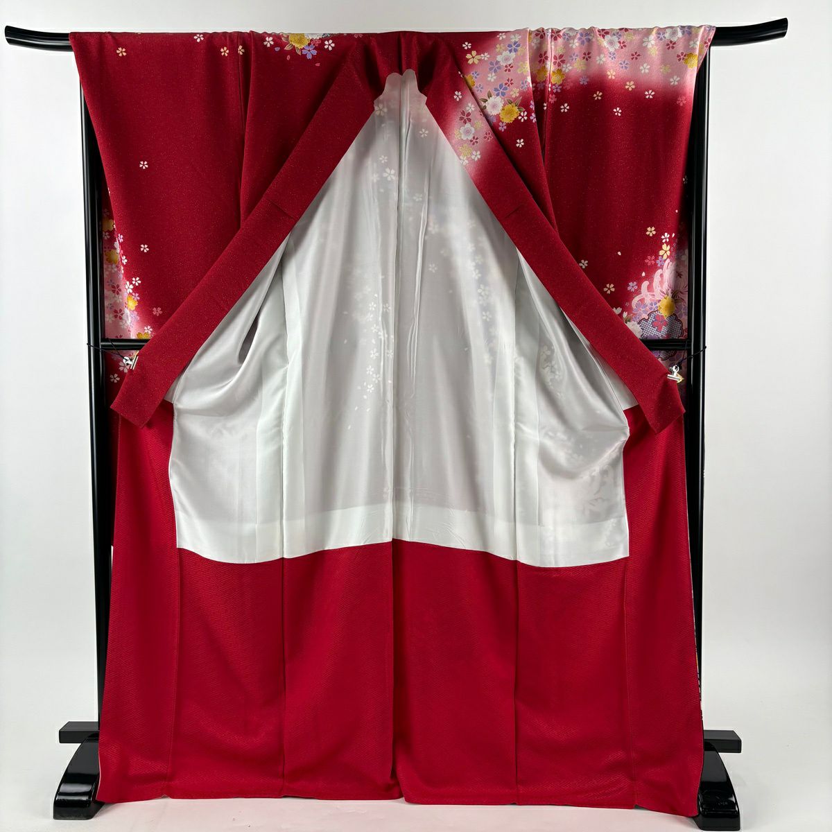 【美品】振袖禮服 身長173cm 袖長71cm L 雙層 雪輪 菊花 金通し 金銀彩 紅 純蠶絲 名品級