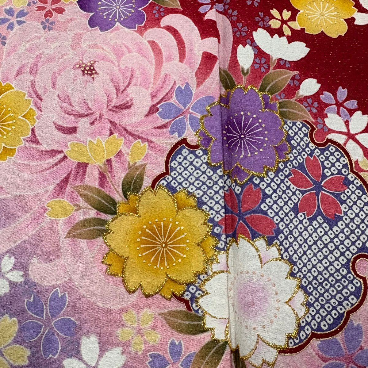 【美品】振袖禮服 身長173cm 袖長71cm L 雙層 雪輪 菊花 金通し 金銀彩 紅 純蠶絲 名品級