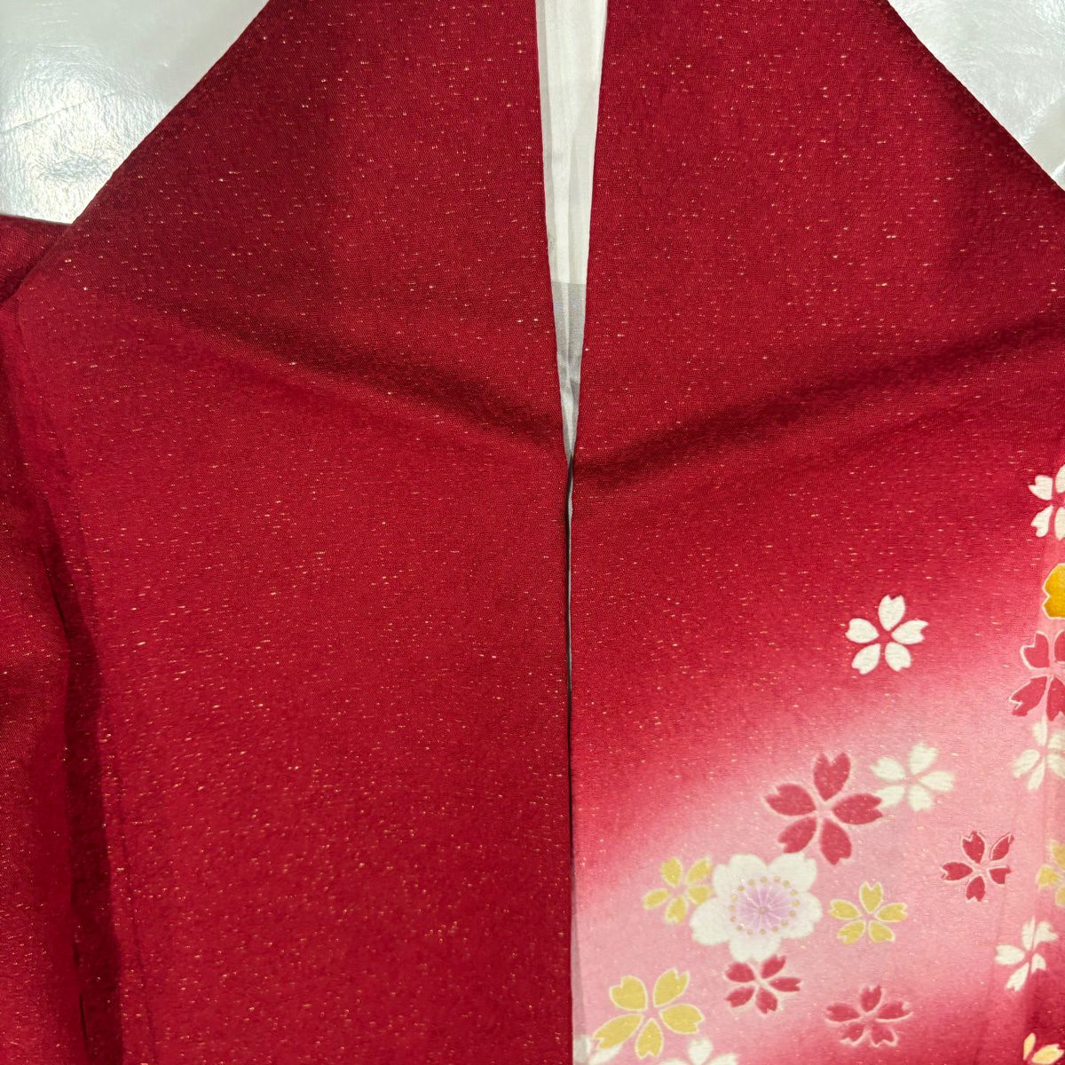【美品】振袖禮服 身長173cm 袖長71cm L 雙層 雪輪 菊花 金通し 金銀彩 紅 純蠶絲 名品級