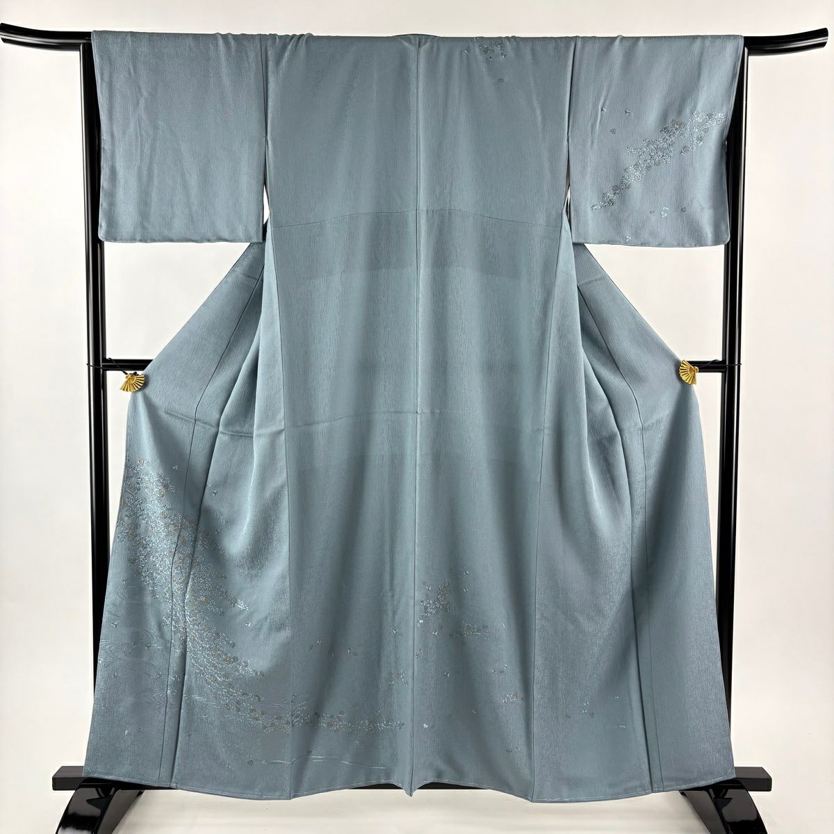 付下 身長160cm 袖長65cm M 雙層 枝花 流水 金絲 刺繡 青灰 純蠶絲 名品級