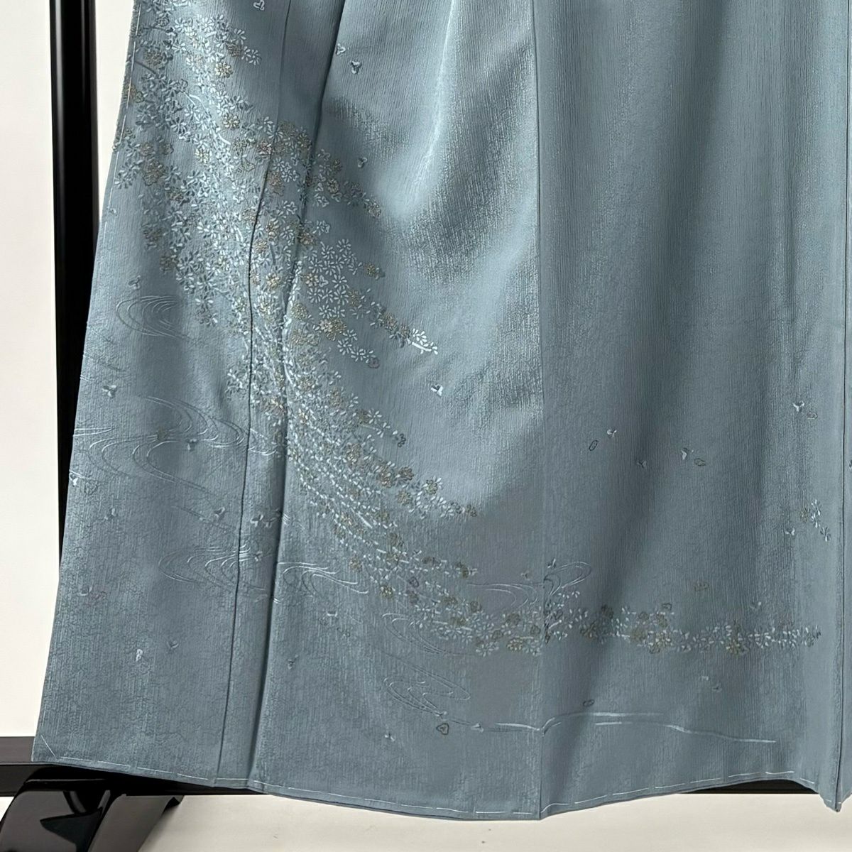 付下 身長160cm 袖長65cm M 雙層 枝花 流水 金絲 刺繡 青灰 純蠶絲 名品級