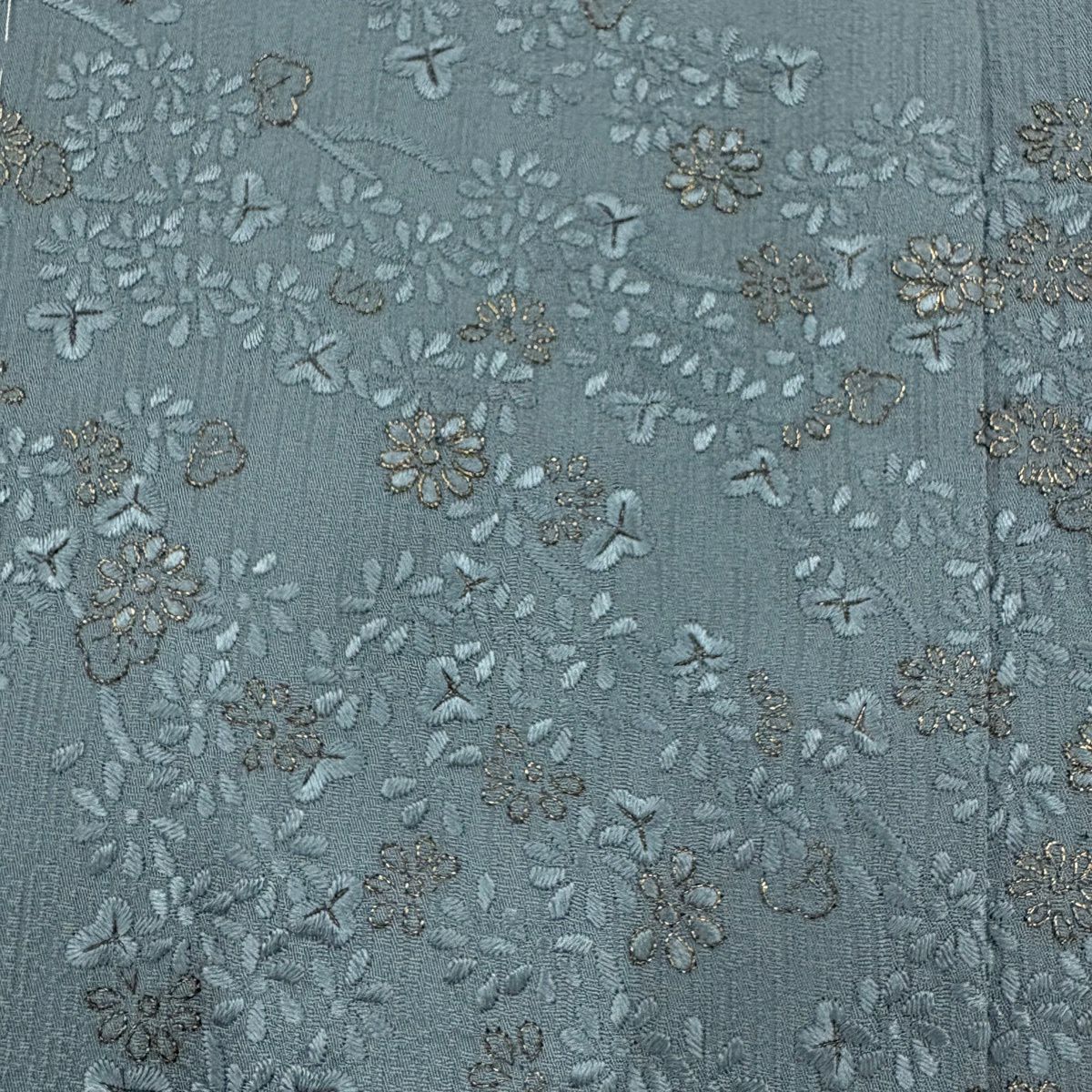 付下 身長160cm 袖長65cm M 雙層 枝花 流水 金絲 刺繡 青灰 純蠶絲 名品級