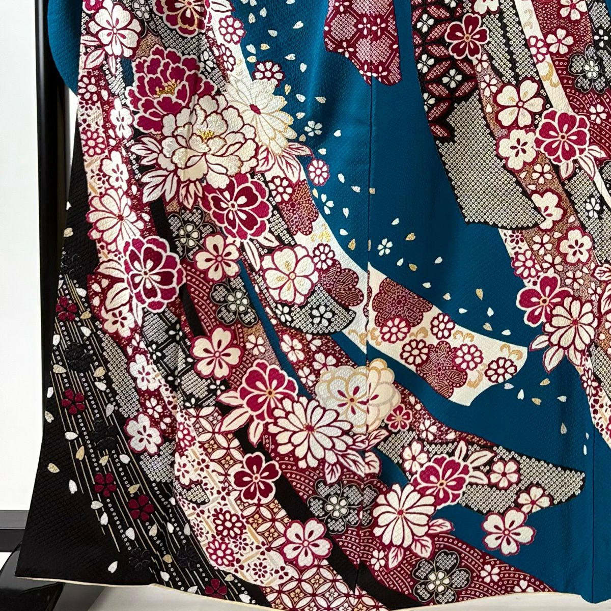 振袖禮服 身長162cm 袖長67cm M 雙層 牡丹 櫻花 金銀彩 拉麵 青綠 純蠶絲 名品級