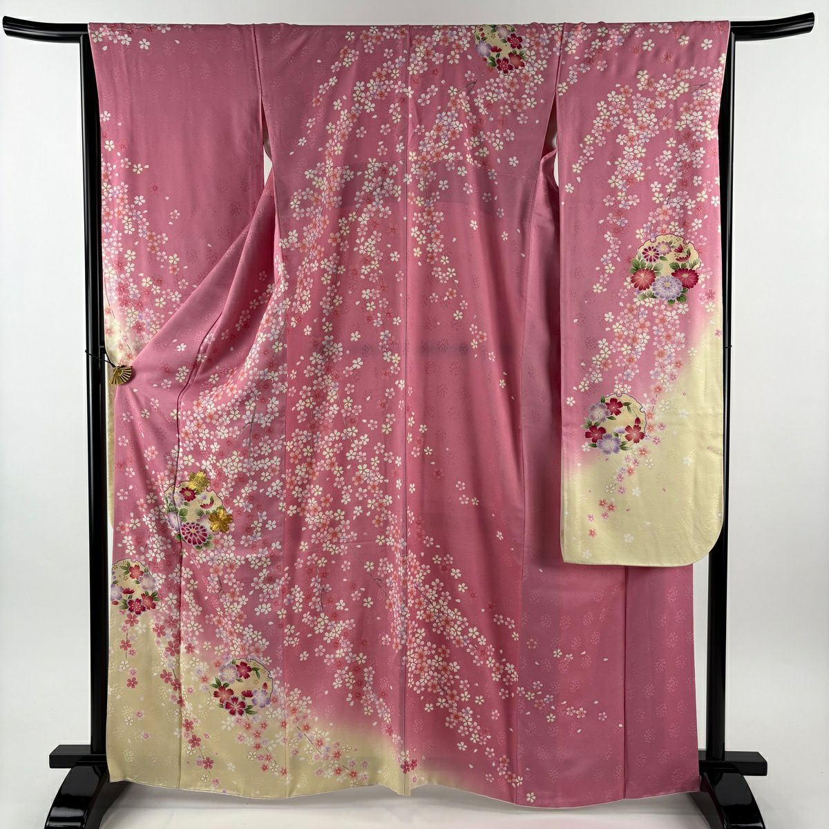 【美品】振袖禮服 身長165cm 袖長66cm M 雙層 鈴乃屋 雪輪 櫻花 金糸 漸層 粉紅 純蠶絲 名品級