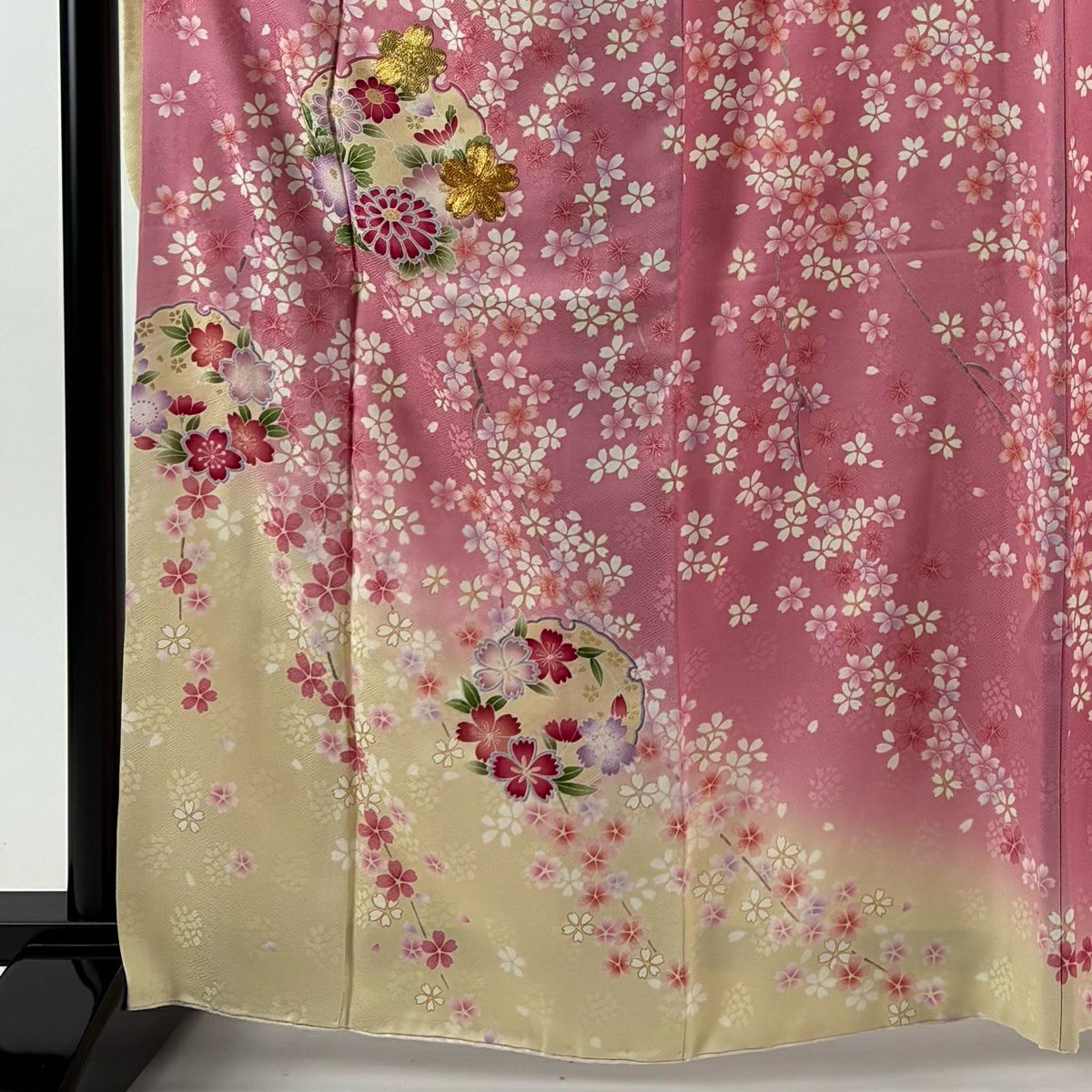 【美品】振袖禮服 身長165cm 袖長66cm M 雙層 鈴乃屋 雪輪 櫻花 金糸 漸層 粉紅 純蠶絲 名品級