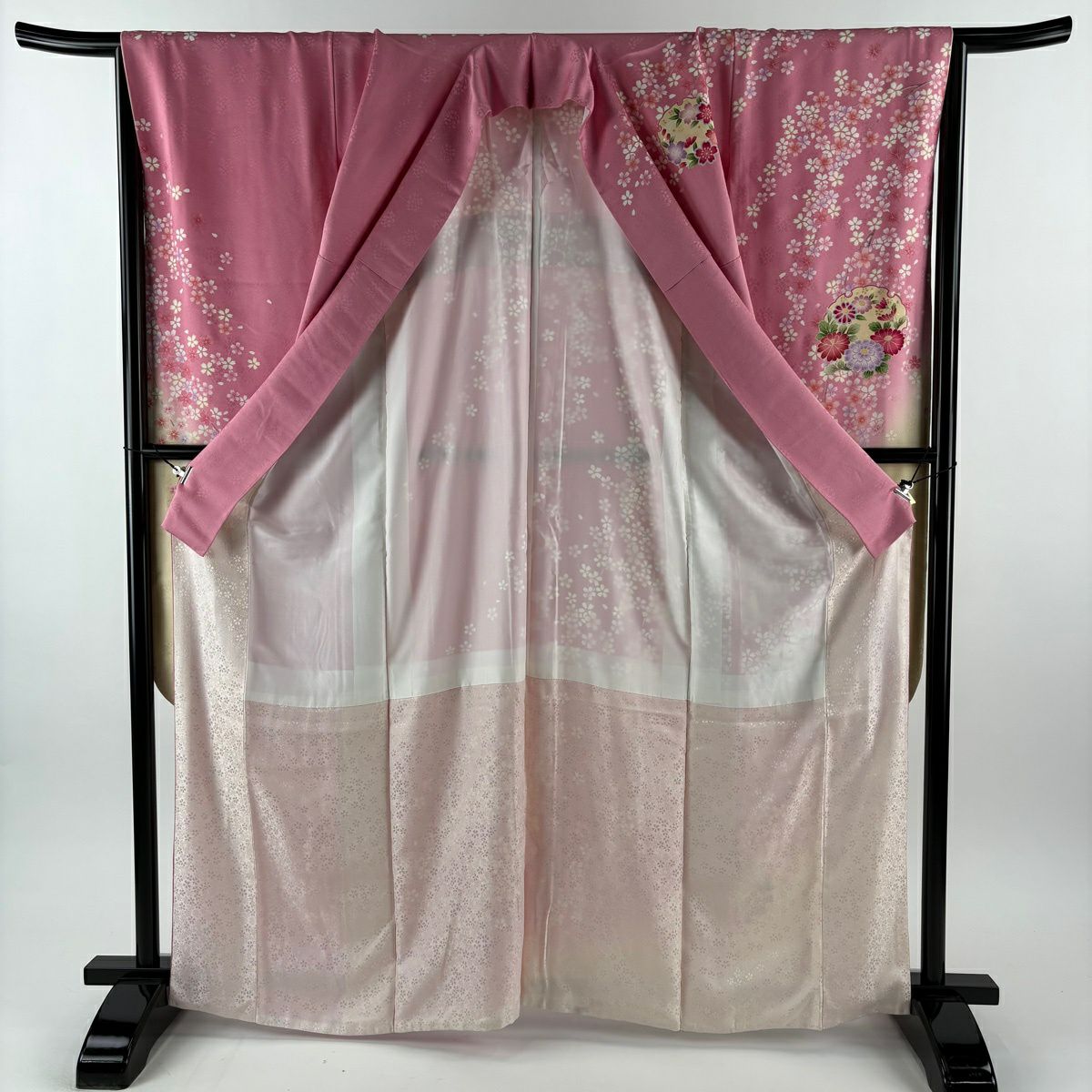 【美品】振袖禮服 身長165cm 袖長66cm M 雙層 鈴乃屋 雪輪 櫻花 金糸 漸層 粉紅 純蠶絲 名品級