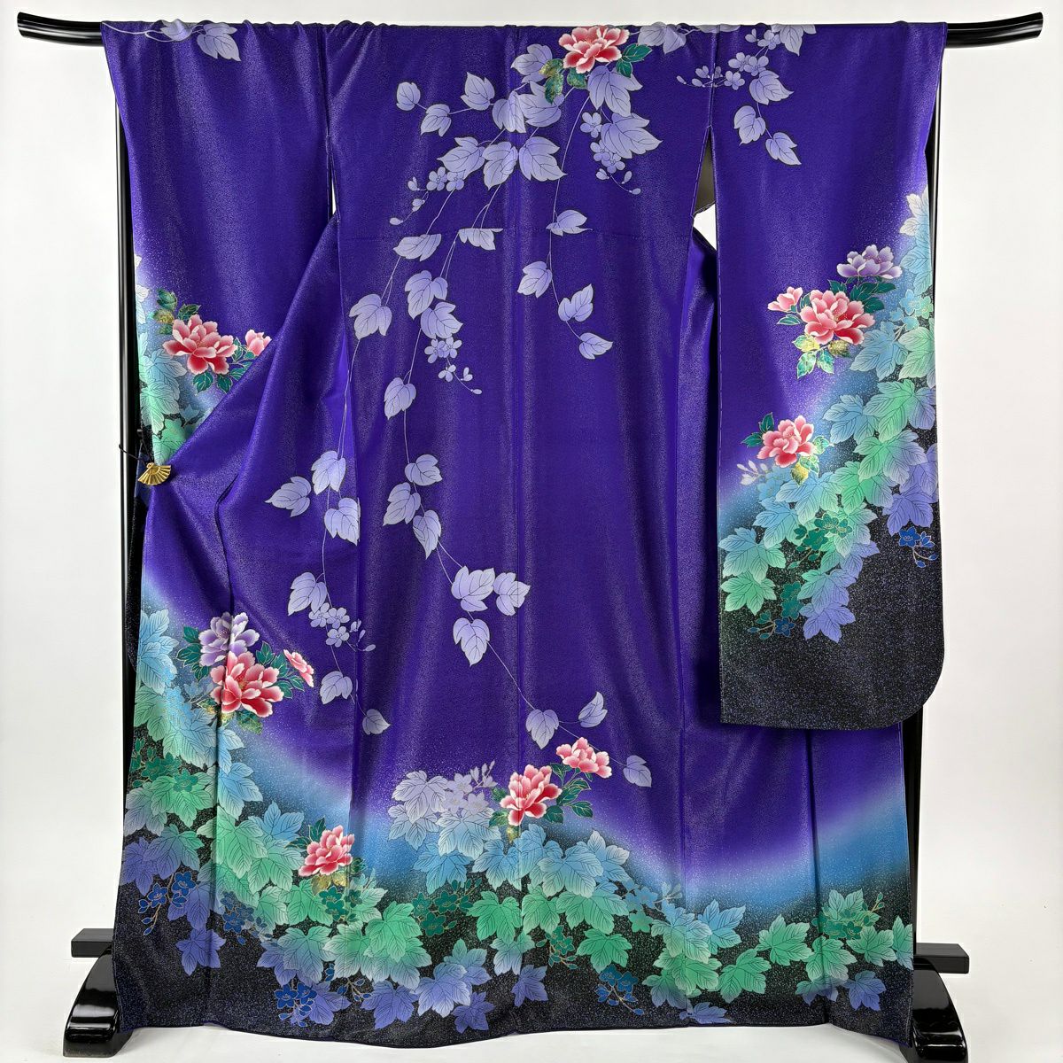 振袖禮服 身長172cm 袖長68cm L 雙層 牡丹 草花紋紋 銀通 金銀彩 紫 純蠶絲 名品級