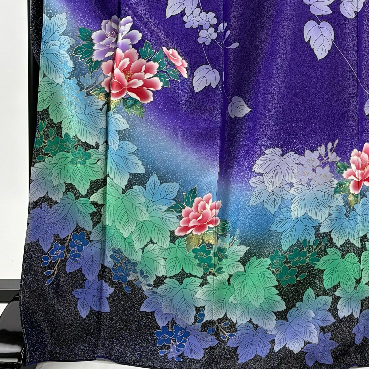 振袖禮服 身長172cm 袖長68cm L 雙層 牡丹 草花紋紋 銀通 金銀彩 紫 純蠶絲 名品級