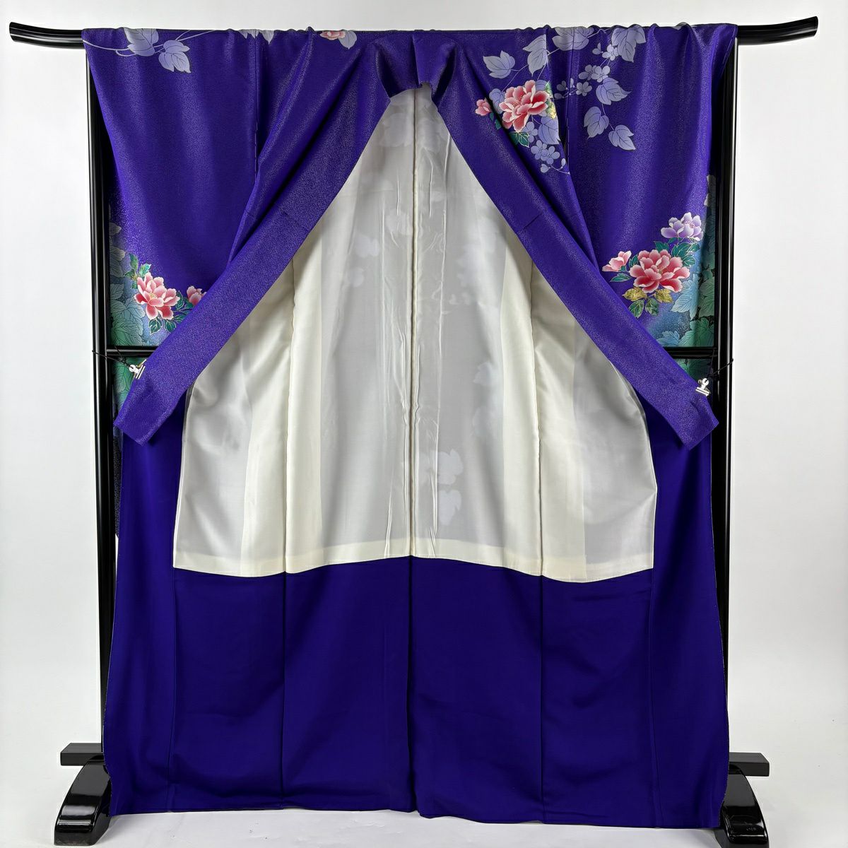 振袖禮服 身長172cm 袖長68cm L 雙層 牡丹 草花紋紋 銀通 金銀彩 紫 純蠶絲 名品級