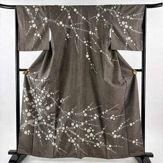 【美品】訪問服 身長161.5cm 袖長65cm M 雙層 紬織織 枝梅花 絞染 灰茶 純蠶絲 名品級