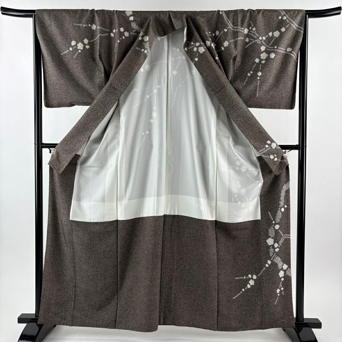 【美品】訪問服 身長161.5cm 袖長65cm M 雙層 紬織織 枝梅花 絞染 灰茶 純蠶絲 名品級