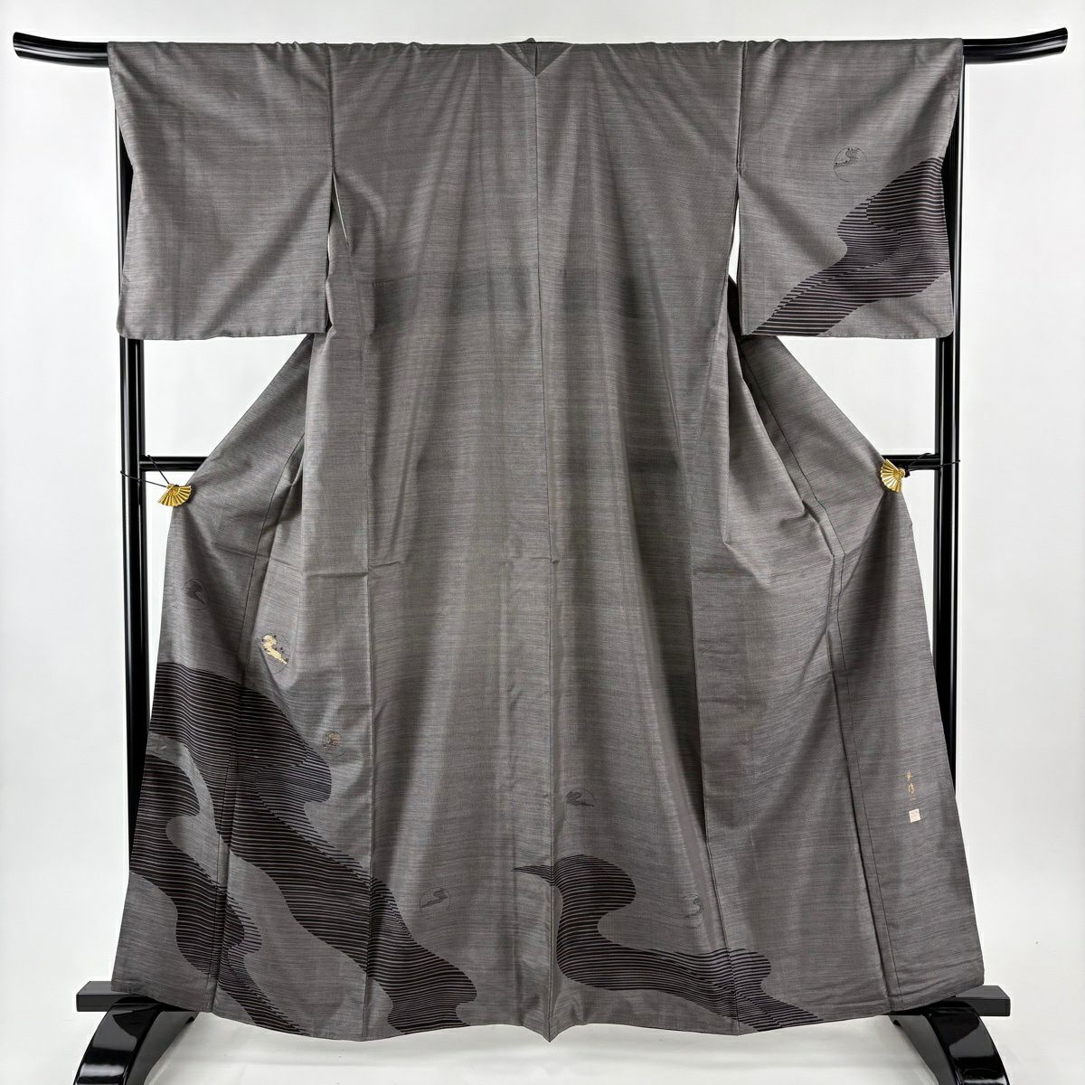 【美品】 付下 身長161cm 袖長68.5cm L 雙層 紬織織 林淳一 落款あり 波 流水 金金箔 金銀彩 黑灰 純蠶絲 名品級