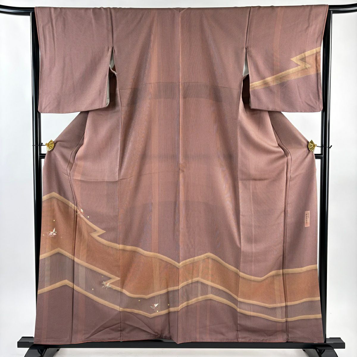 付下 身長159cm 袖長64.5cm M 雙層 落款有 葉與實 格子 刺繡 金線 小豆色 純蠶絲 優品級