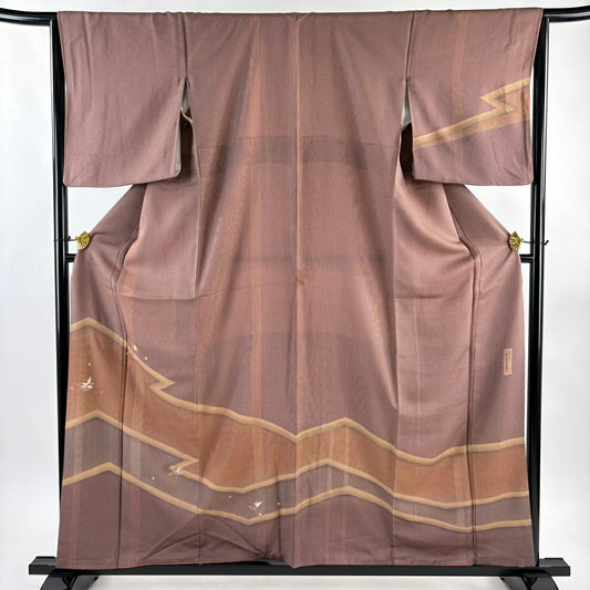 付下 身長159cm 袖長64.5cm M 雙層 落款有 葉與實 格子 刺繡 金線 小豆色 純蠶絲 優品級