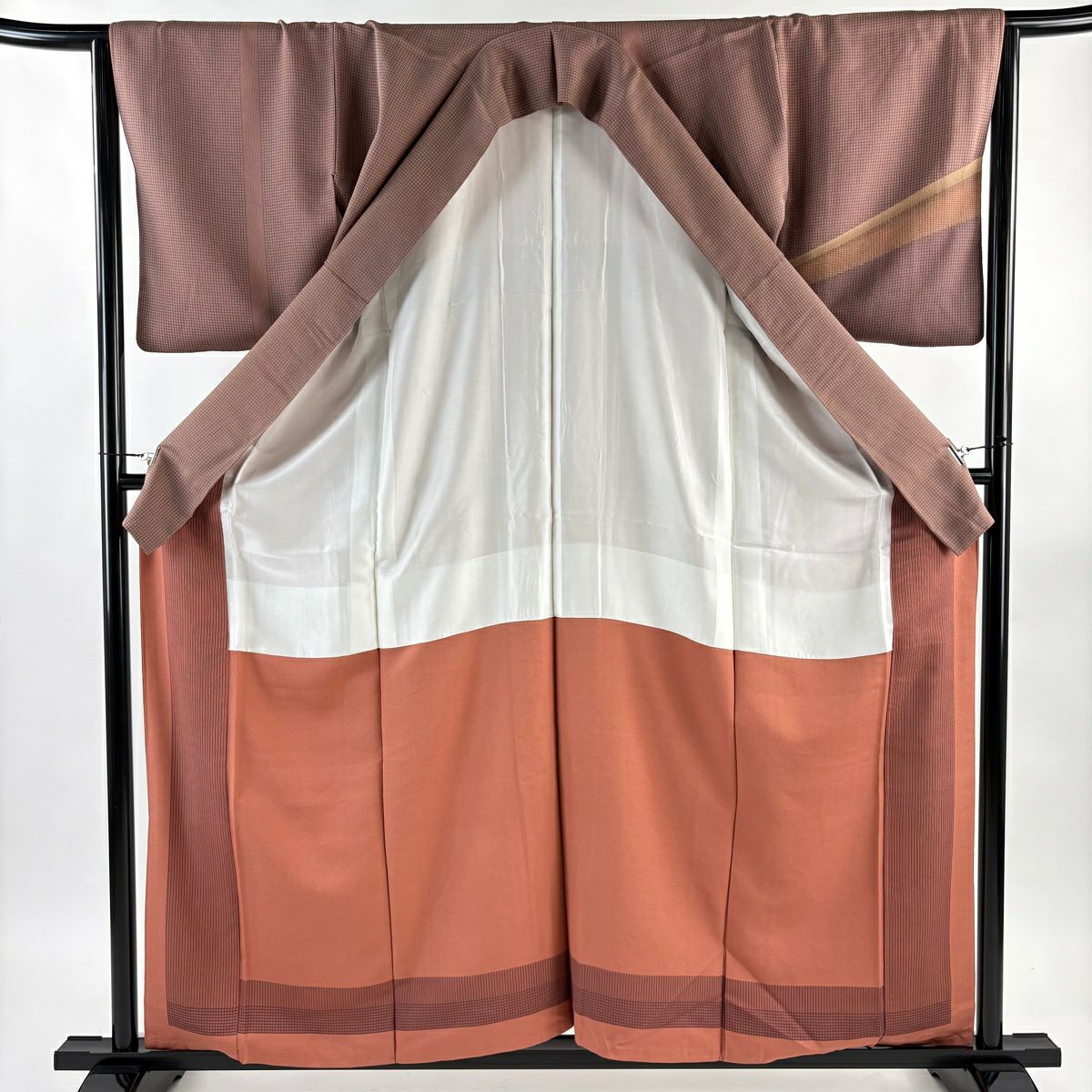 付下 身長159cm 袖長64.5cm M 雙層 落款有 葉與實 格子 刺繡 金線 小豆色 純蠶絲 優品級