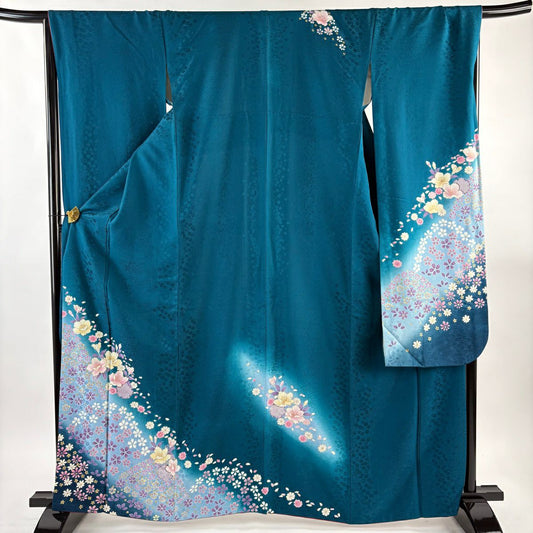 【美品】振袖禮服 身長164cm 袖長68cm L 雙層 櫻花 雪輪 金銀彩 漸層 青綠 純蠶絲 秀品級