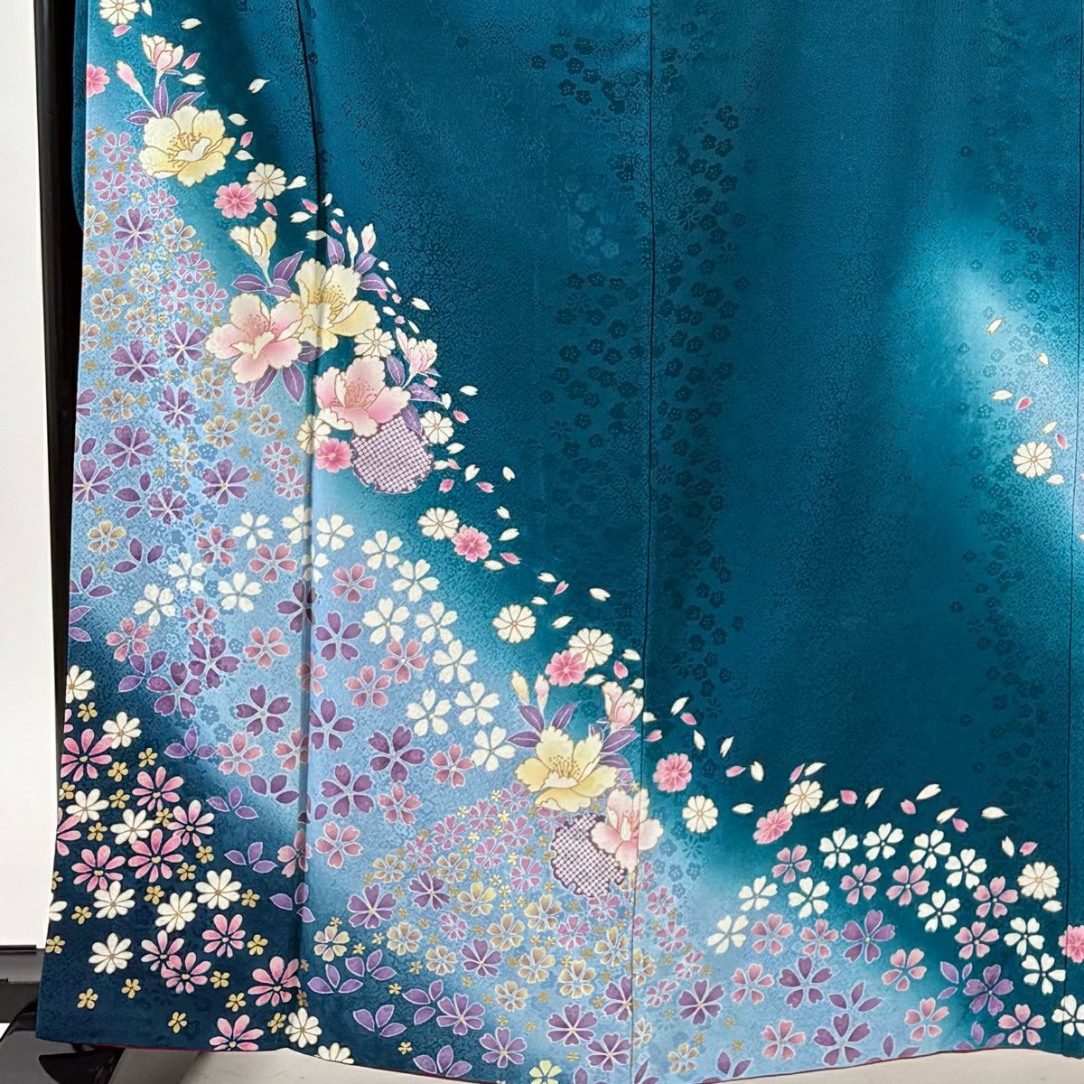 【美品】振袖禮服 身長164cm 袖長68cm L 雙層 櫻花 雪輪 金銀彩 漸層 青綠 純蠶絲 秀品級