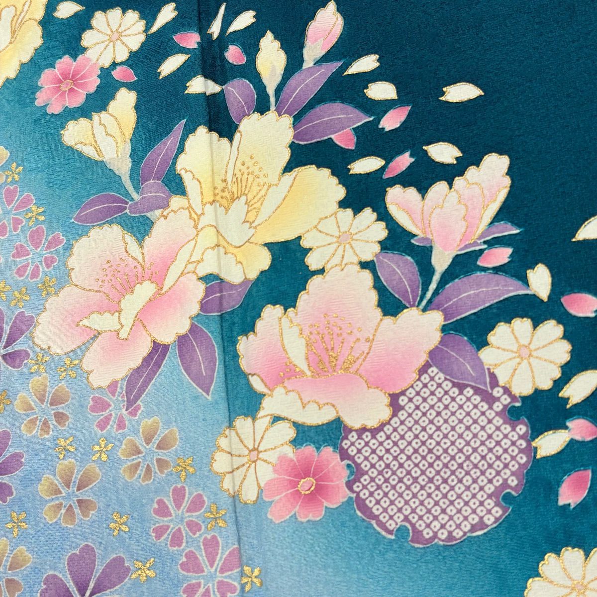 【美品】振袖禮服 身長164cm 袖長68cm L 雙層 櫻花 雪輪 金銀彩 漸層 青綠 純蠶絲 秀品級