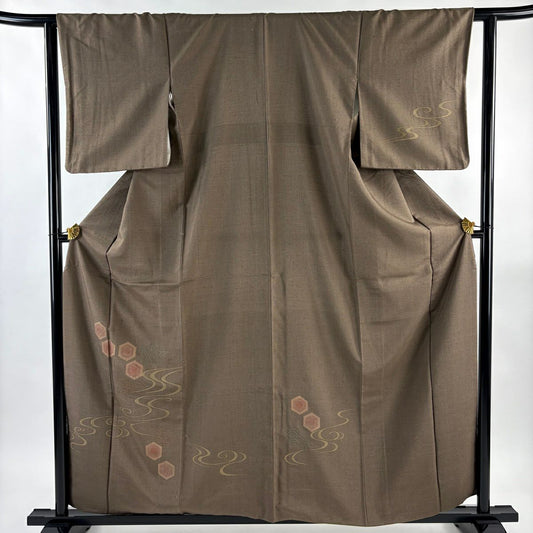 【美品】 付下 身長159.5cm 袖長62.5cm S 雙層 紬織織 青海波 龜甲 刺繡 金銀彩 灰茶 純蠶絲 秀品級
