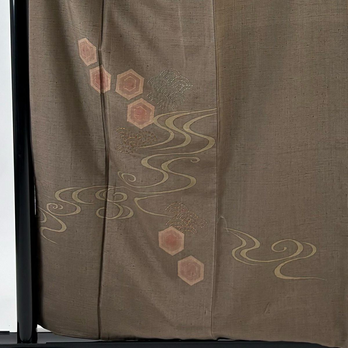 【美品】 付下 身長159.5cm 袖長62.5cm S 雙層 紬織織 青海波 龜甲 刺繡 金銀彩 灰茶 純蠶絲 秀品級