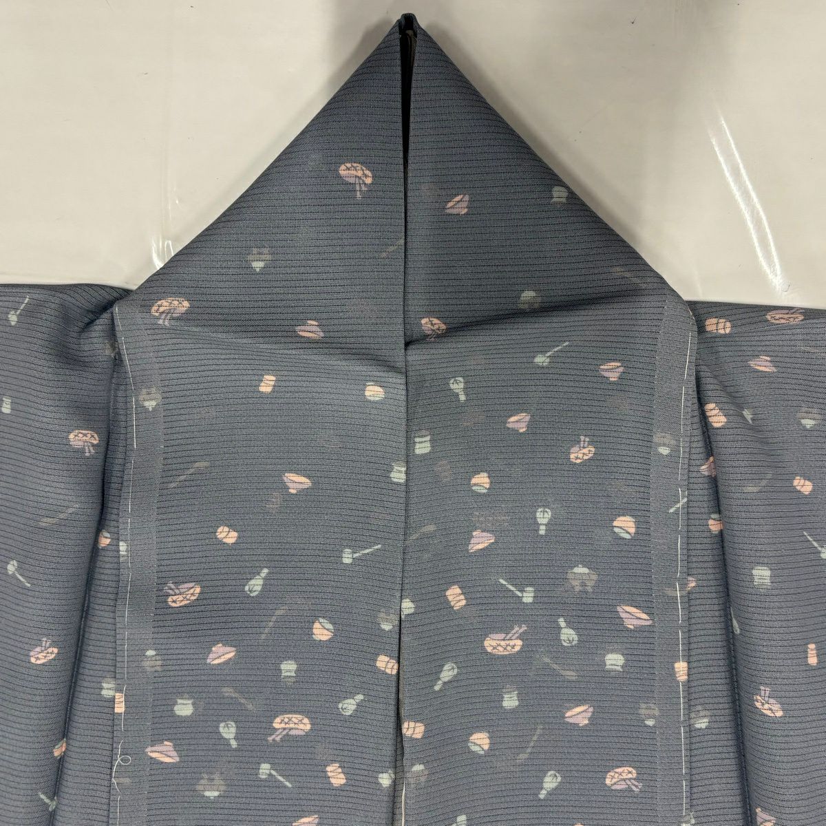 小紋 身長152cm 袖長64cm M 薄物 絽 茶道具 青灰色 純蠶絲 秀品級
